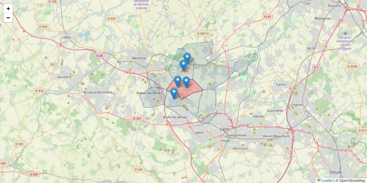 Carte de la zone du code postal  et des codes postaux voisins en France