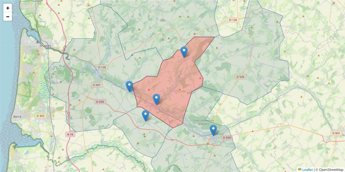 Carte de la zone du code postal  et des codes postaux voisins en France