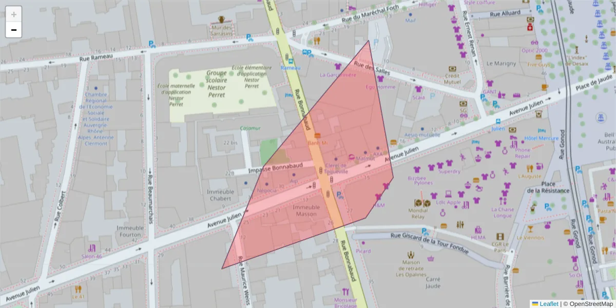 Carte de la zone du code postal  et des codes postaux voisins en France