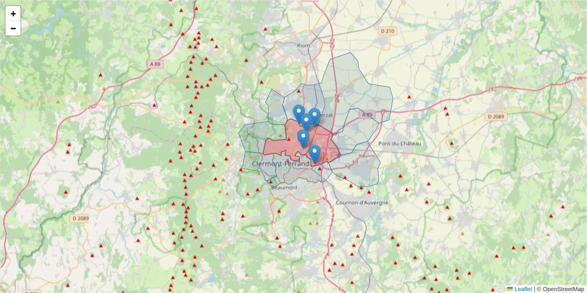 Carte de la zone du code postal  et des codes postaux voisins en France
