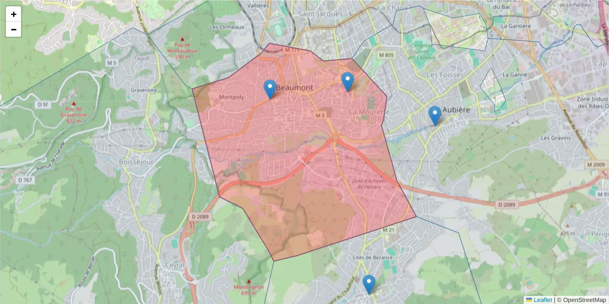 Carte de la zone du code postal  et des codes postaux voisins en France