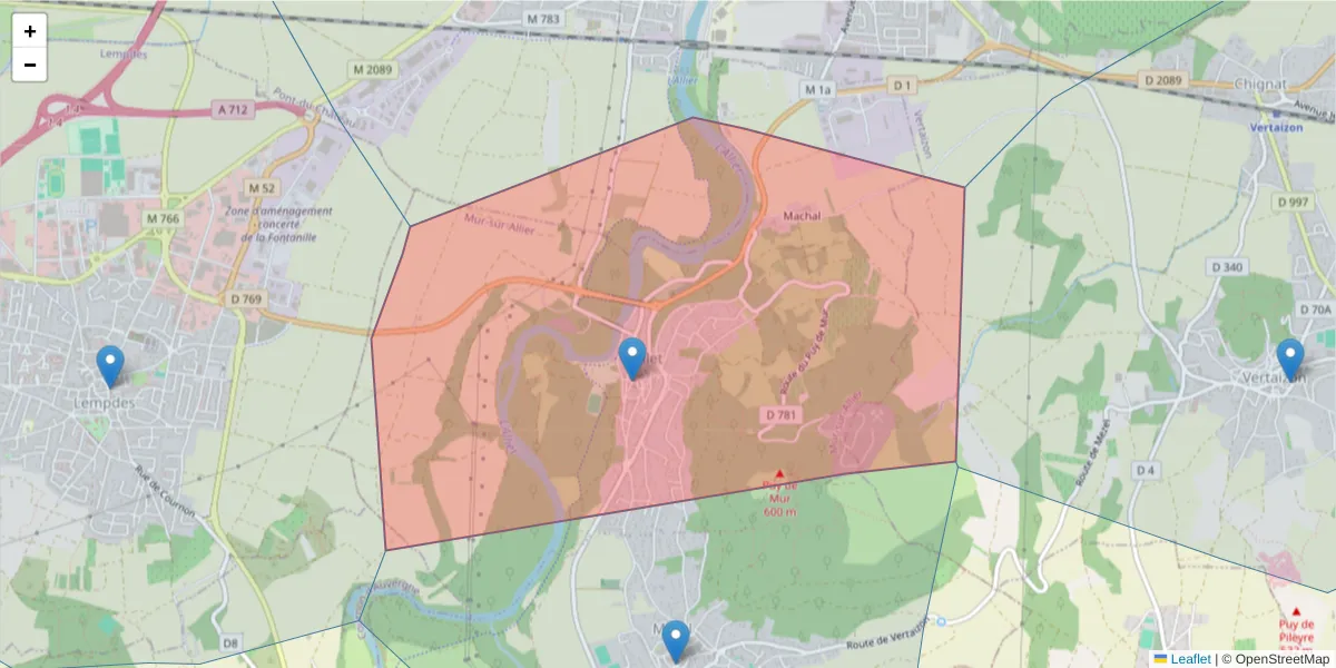 Carte de la zone du code postal  et des codes postaux voisins en France