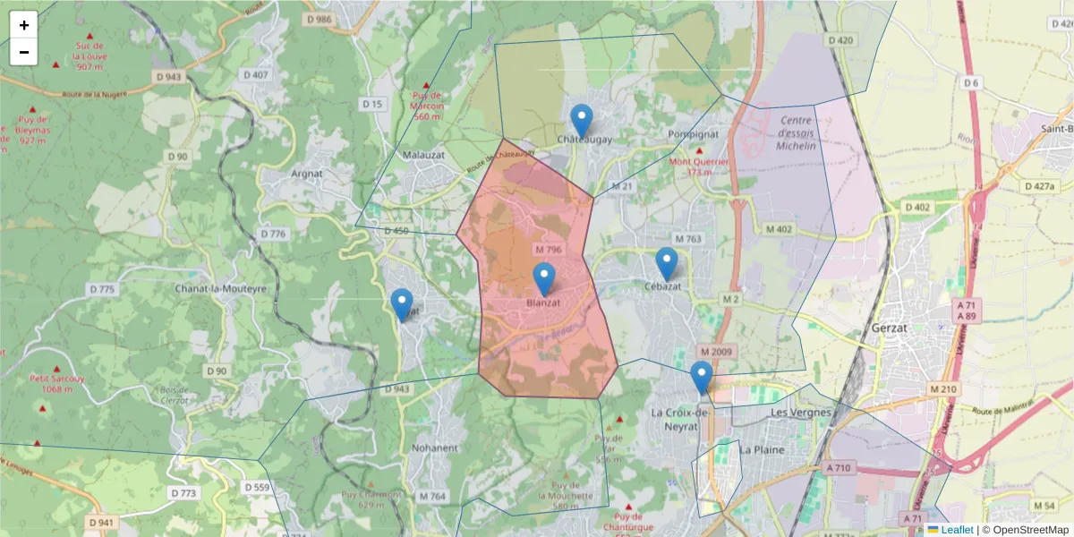Carte de la zone du code postal  et des codes postaux voisins en France
