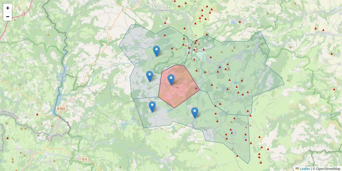 Carte de la zone du code postal  et des codes postaux voisins en France