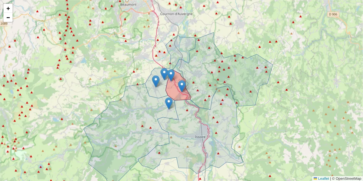 Carte de la zone du code postal  et des codes postaux voisins en France