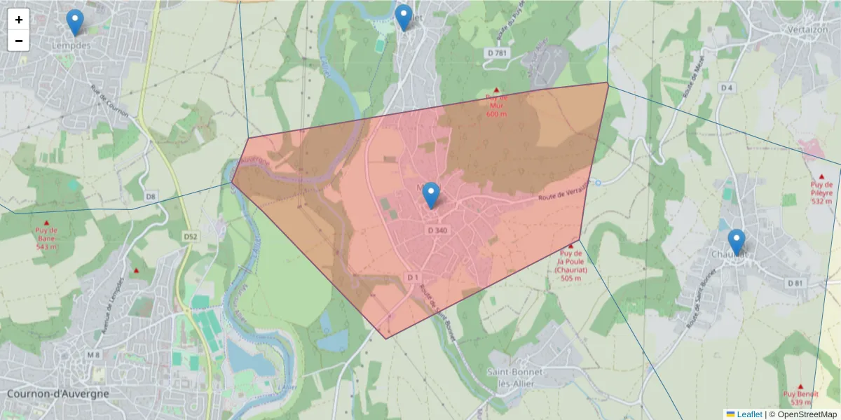 Carte de la zone du code postal  et des codes postaux voisins en France