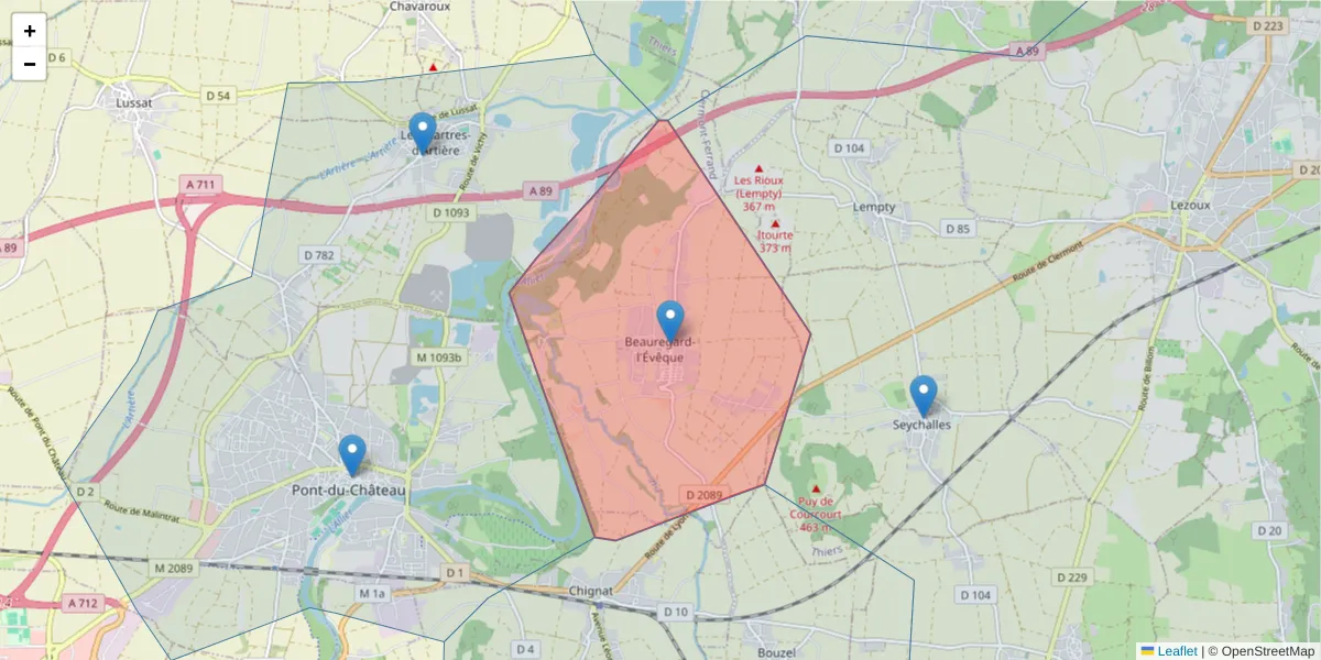 Carte de la zone du code postal  et des codes postaux voisins en France