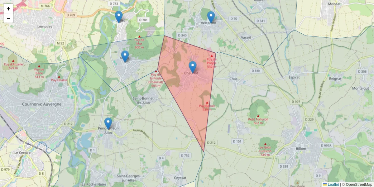 Carte de la zone du code postal  et des codes postaux voisins en France