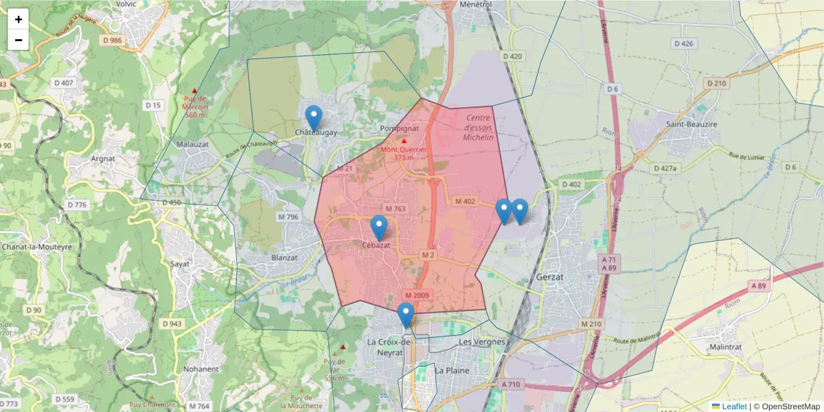 Carte de la zone du code postal  et des codes postaux voisins en France
