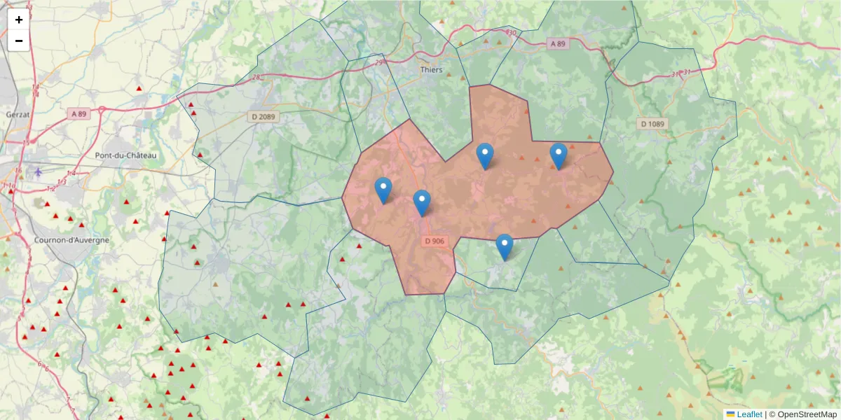 Carte de la zone du code postal  et des codes postaux voisins en France