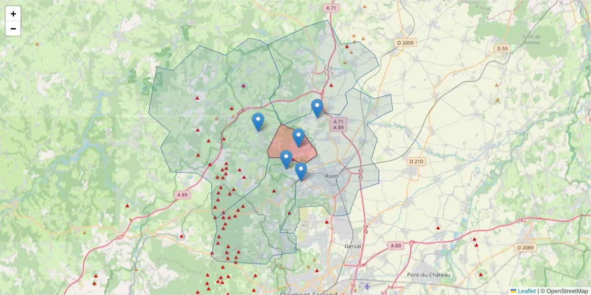 Carte de la zone du code postal  et des codes postaux voisins en France
