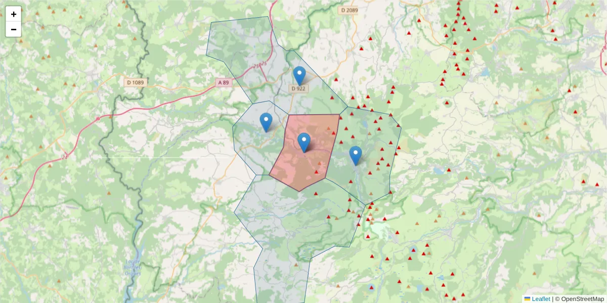 Carte de la zone du code postal  et des codes postaux voisins en France
