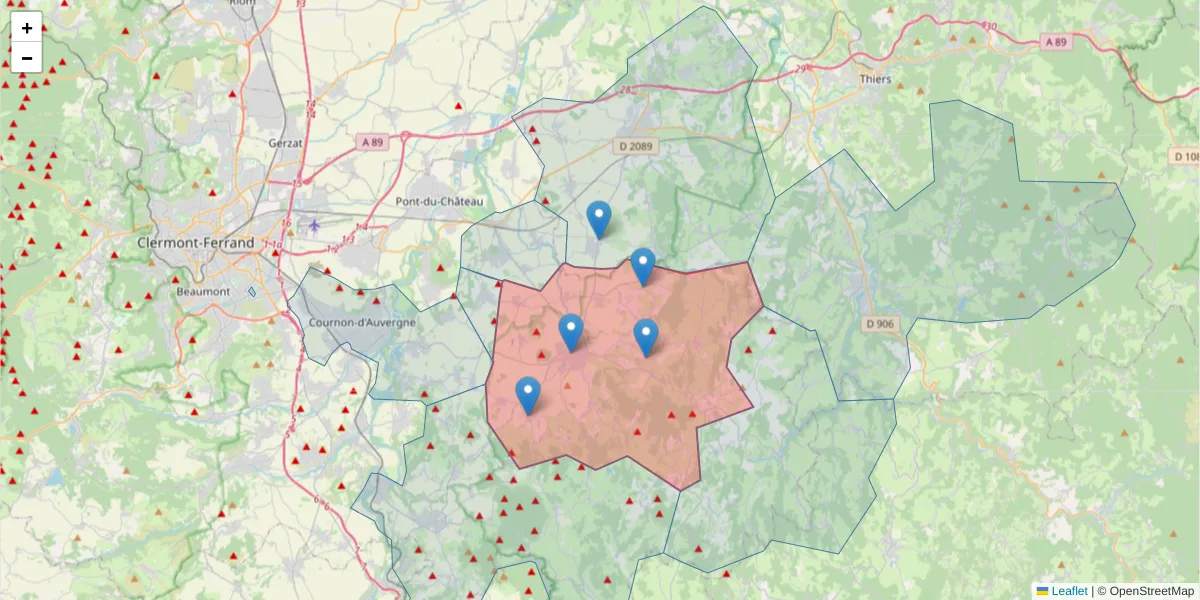 Carte de la zone du code postal  et des codes postaux voisins en France