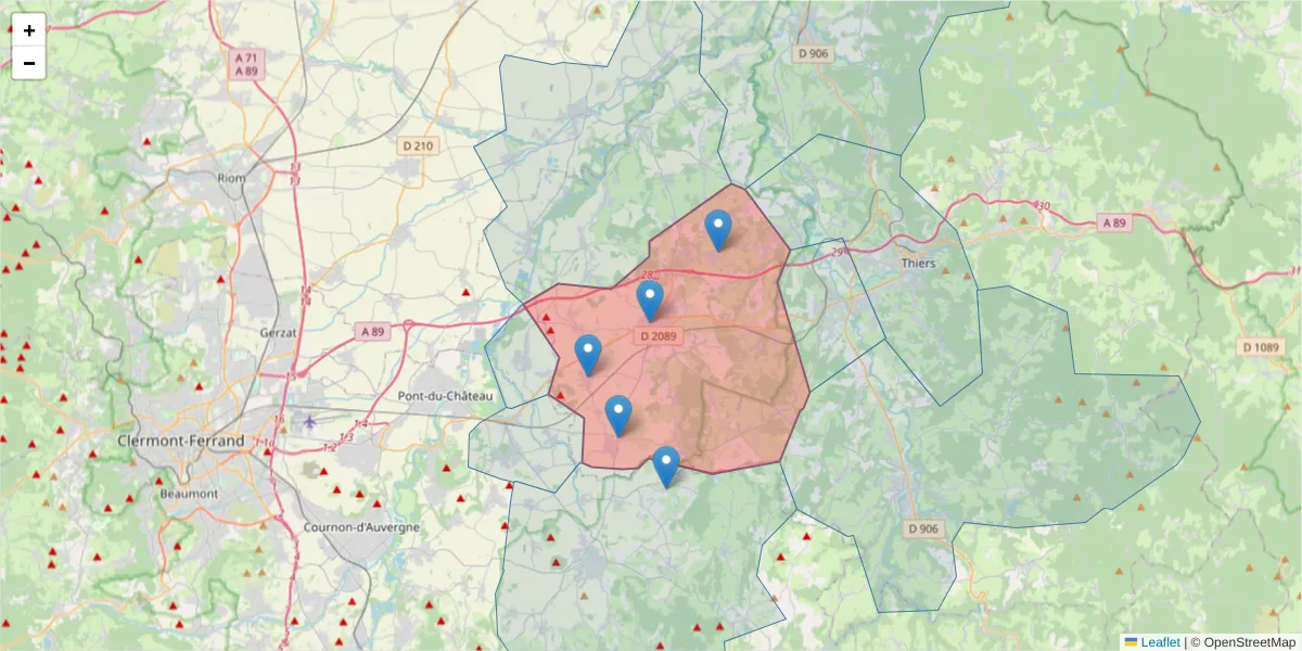 Carte de la zone du code postal  et des codes postaux voisins en France