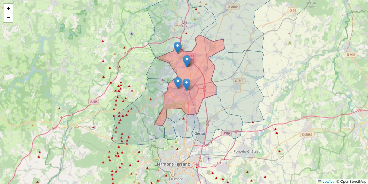 Carte de la zone du code postal  et des codes postaux voisins en France