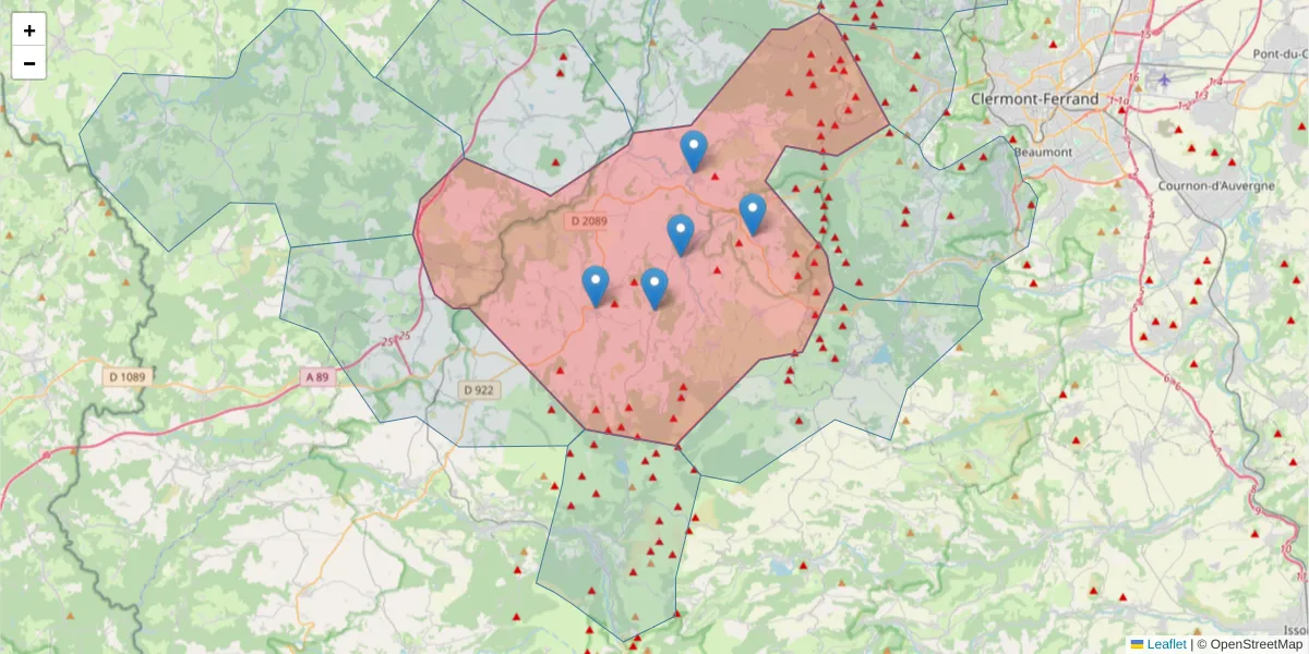 Carte de la zone du code postal  et des codes postaux voisins en France