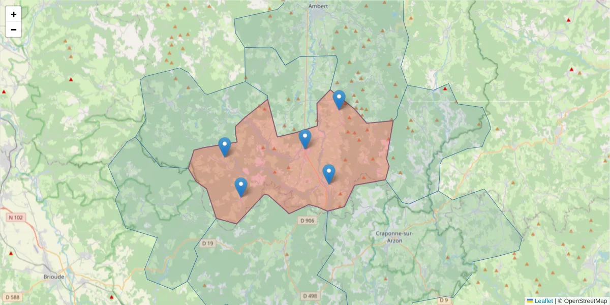 Carte de la zone du code postal  et des codes postaux voisins en France