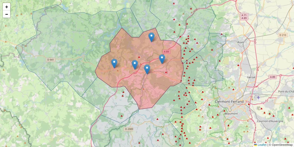 Carte de la zone du code postal  et des codes postaux voisins en France