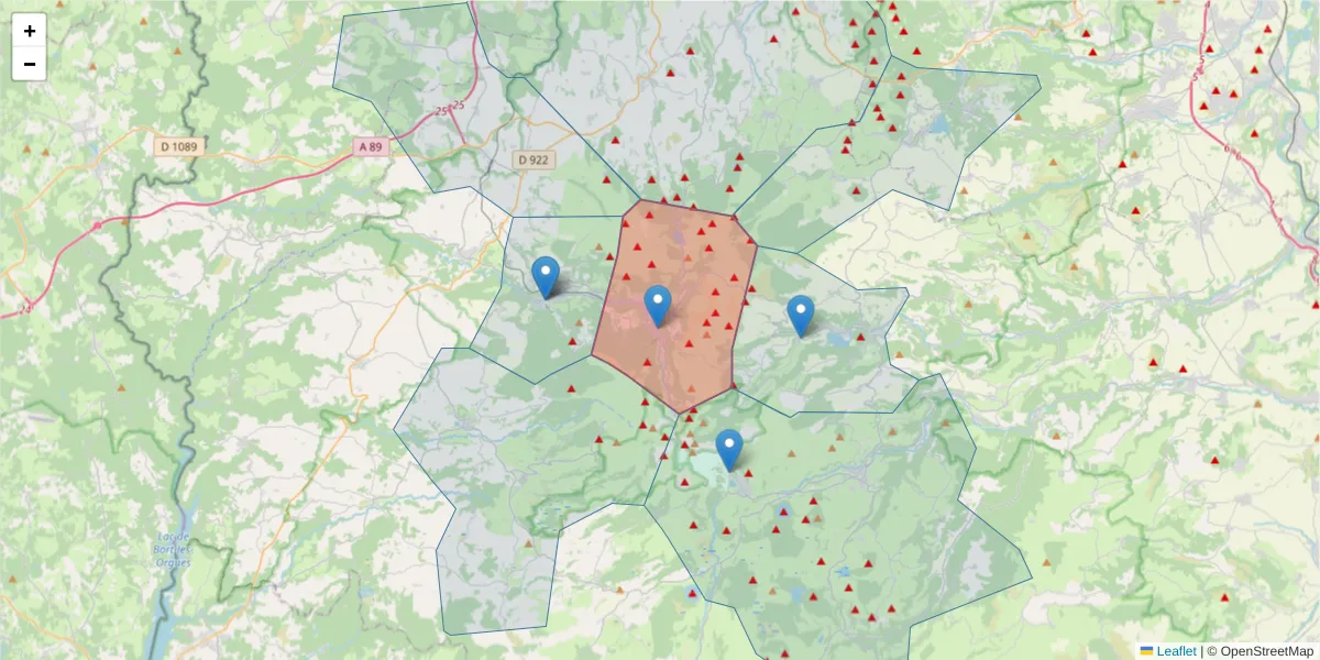 Carte de la zone du code postal  et des codes postaux voisins en France