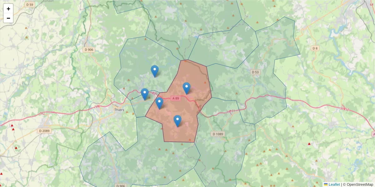 Carte de la zone du code postal  et des codes postaux voisins en France