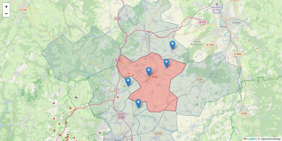 Carte de la zone du code postal  et des codes postaux voisins en France