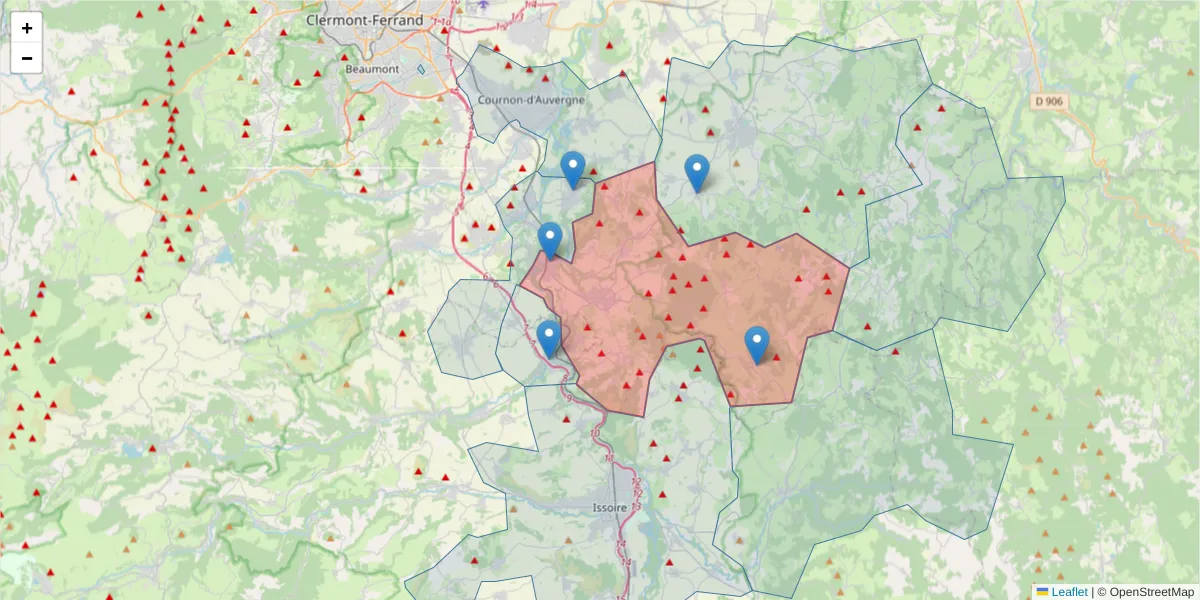 Carte de la zone du code postal  et des codes postaux voisins en France