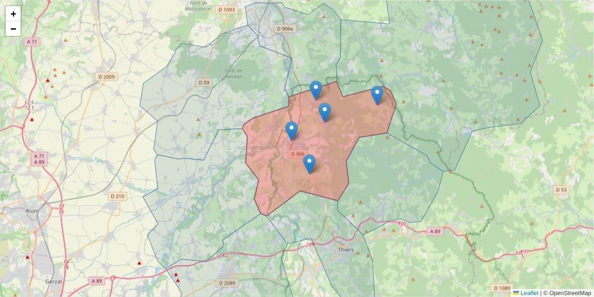 Carte de la zone du code postal  et des codes postaux voisins en France
