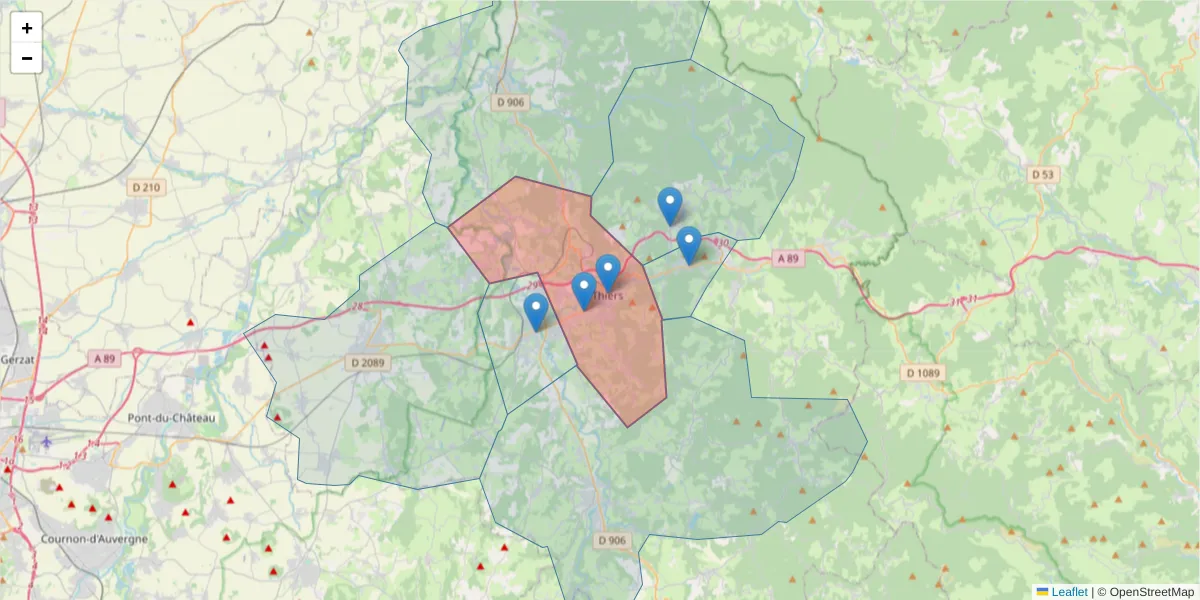 Carte de la zone du code postal  et des codes postaux voisins en France