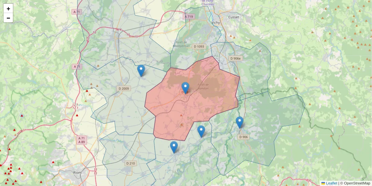Carte de la zone du code postal  et des codes postaux voisins en France