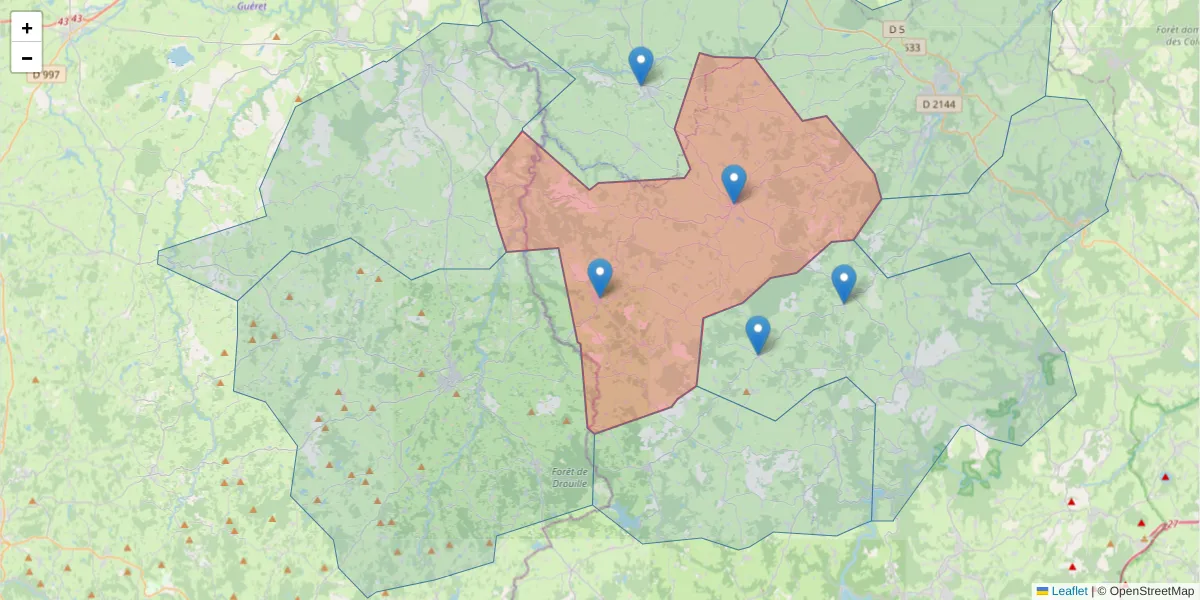 Carte de la zone du code postal  et des codes postaux voisins en France