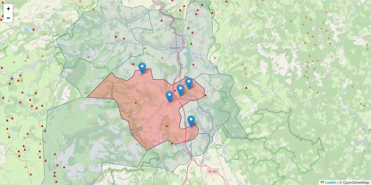 Carte de la zone du code postal  et des codes postaux voisins en France