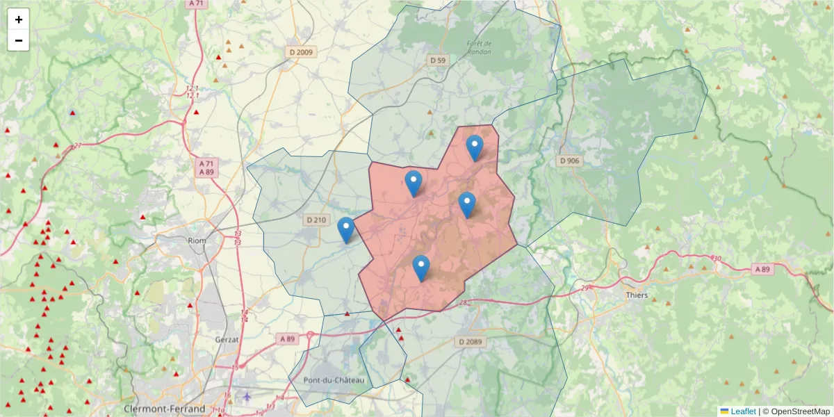 Carte de la zone du code postal  et des codes postaux voisins en France