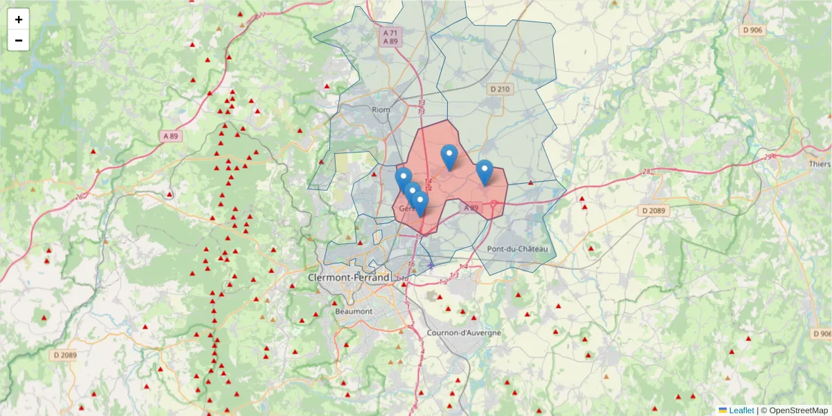 Carte de la zone du code postal  et des codes postaux voisins en France