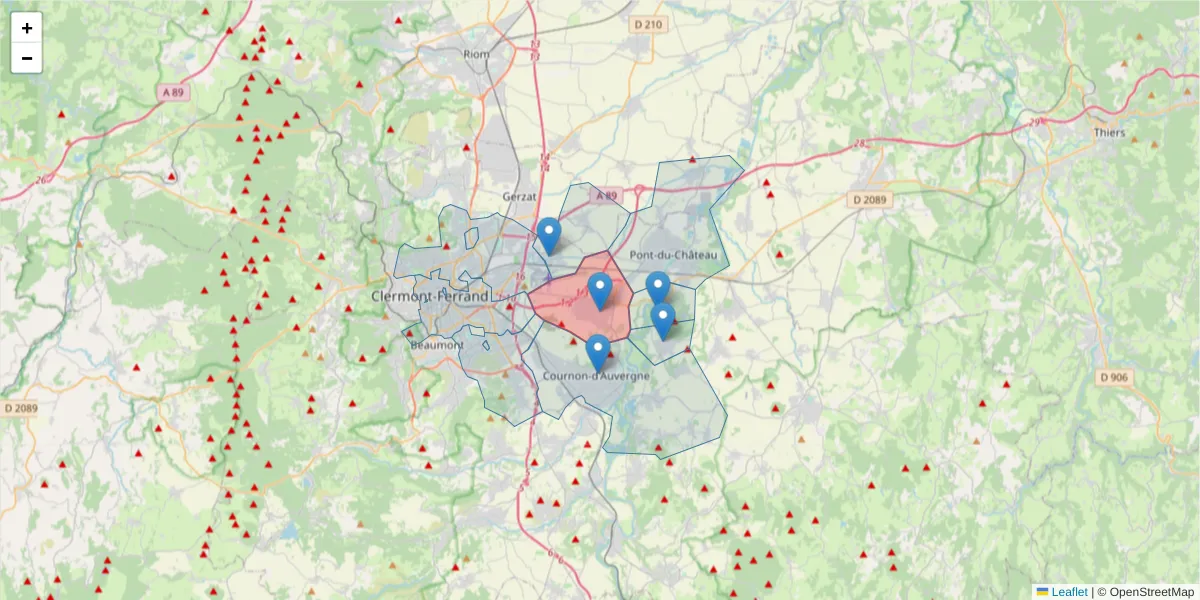 Carte de la zone du code postal  et des codes postaux voisins en France