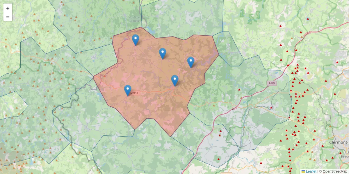 Carte de la zone du code postal  et des codes postaux voisins en France