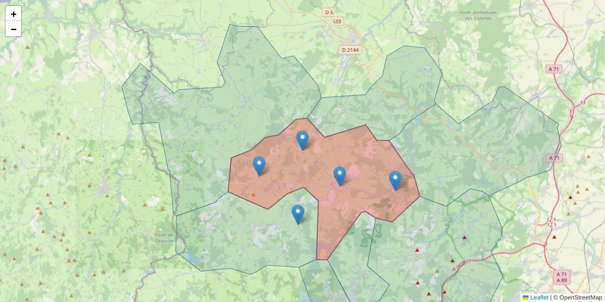 Carte de la zone du code postal  et des codes postaux voisins en France