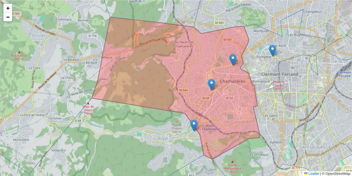 Carte de la zone du code postal  et des codes postaux voisins en France