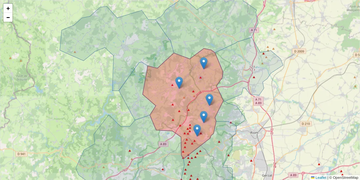 Carte de la zone du code postal  et des codes postaux voisins en France