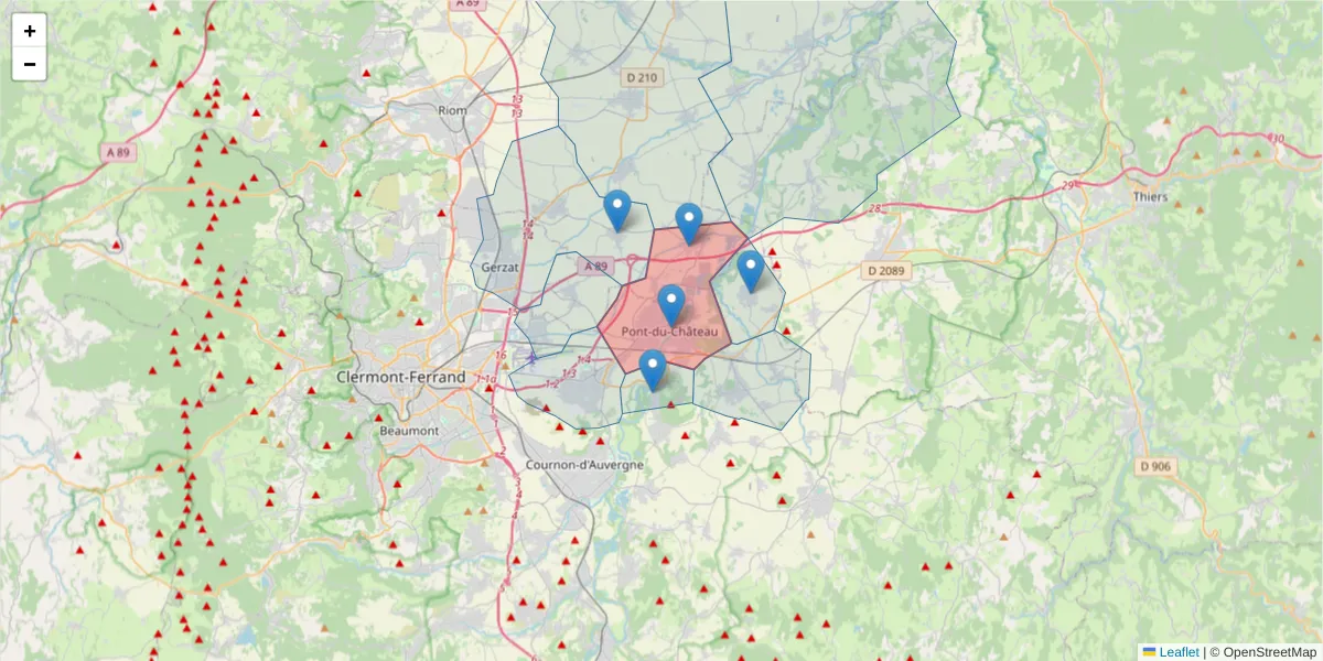 Carte de la zone du code postal  et des codes postaux voisins en France