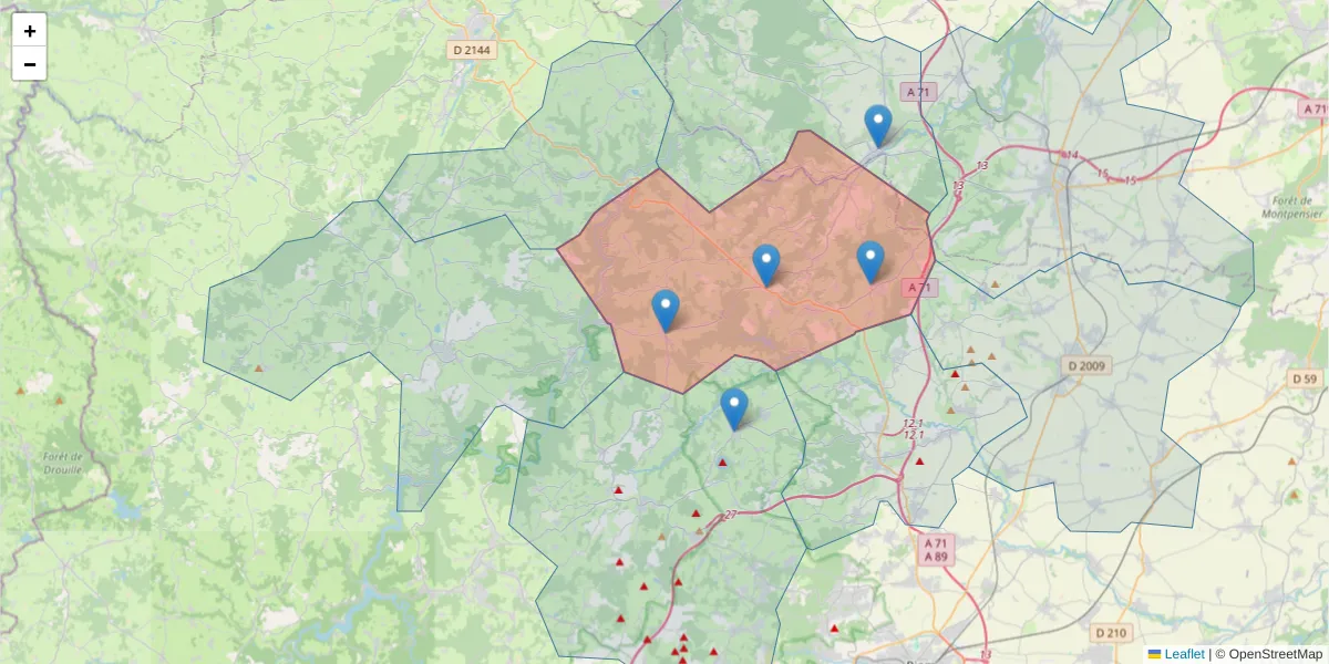 Carte de la zone du code postal  et des codes postaux voisins en France