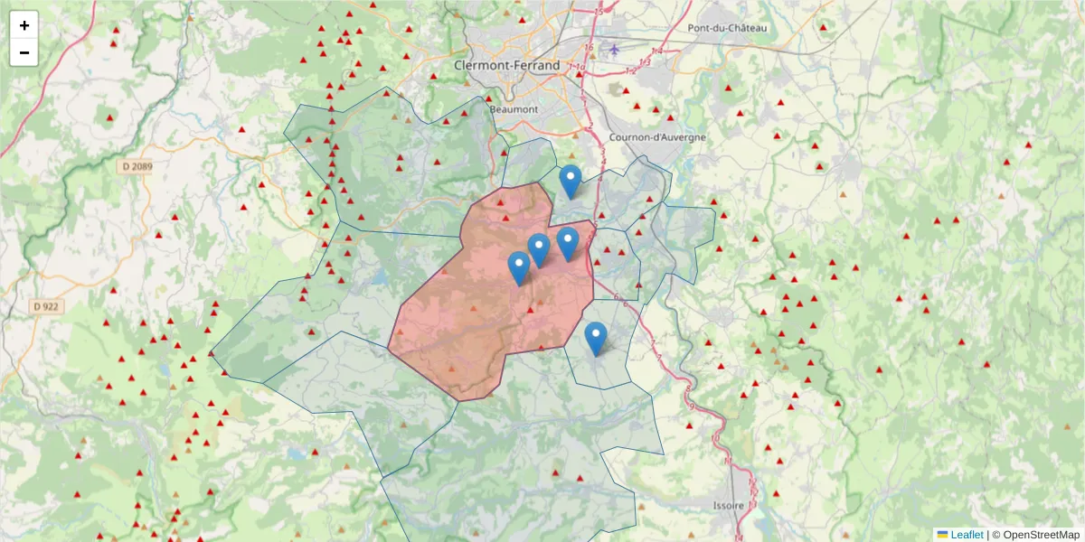 Carte de la zone du code postal  et des codes postaux voisins en France