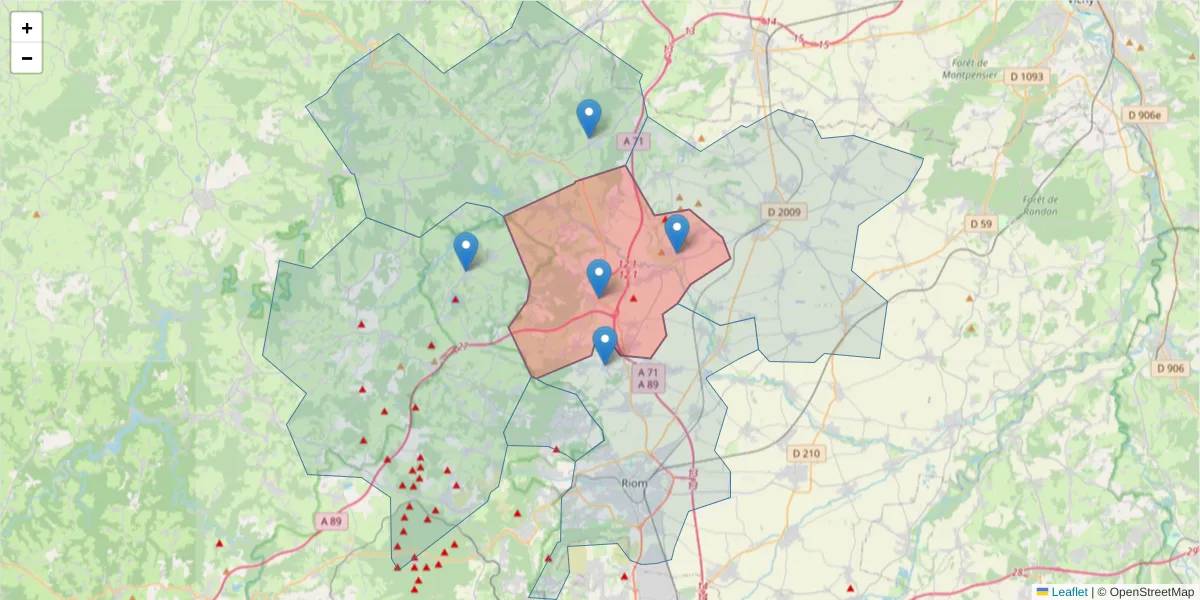 Carte de la zone du code postal  et des codes postaux voisins en France
