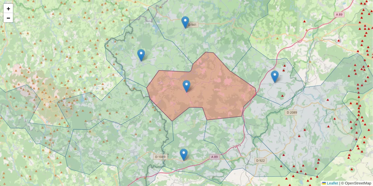 Carte de la zone du code postal  et des codes postaux voisins en France
