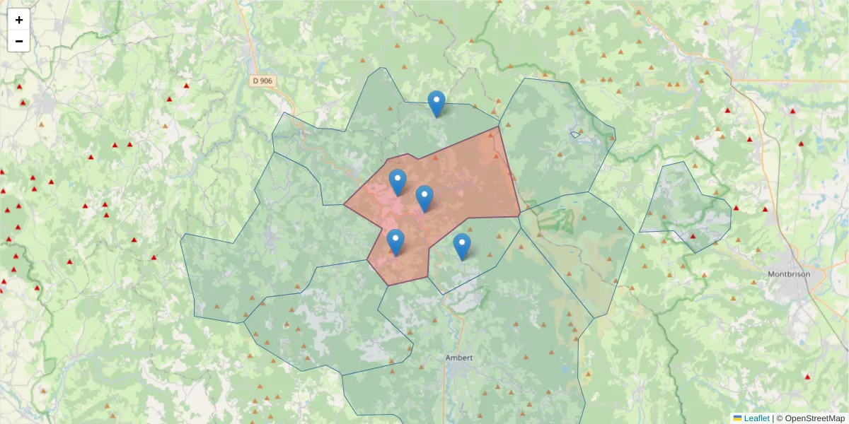 Carte de la zone du code postal  et des codes postaux voisins en France