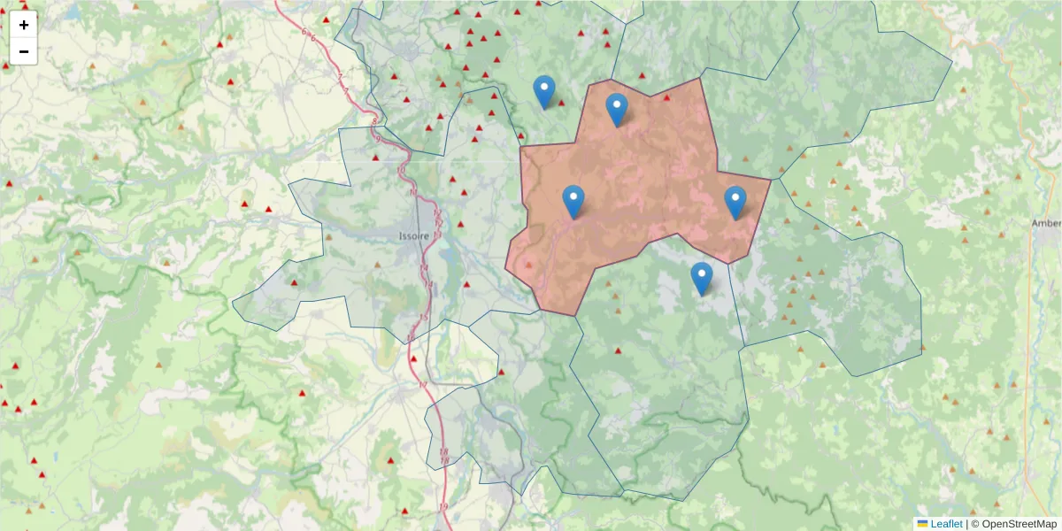 Carte de la zone du code postal  et des codes postaux voisins en France