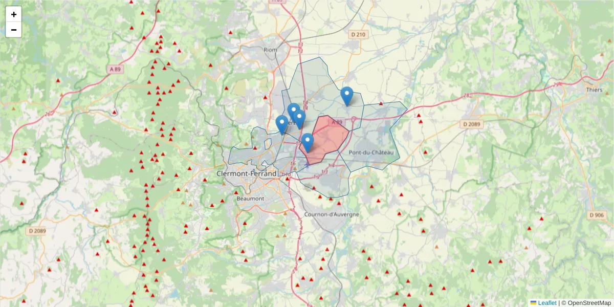 Carte de la zone du code postal  et des codes postaux voisins en France