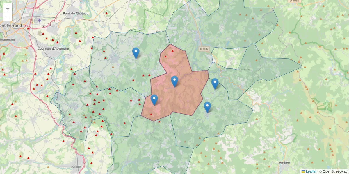 Carte de la zone du code postal  et des codes postaux voisins en France