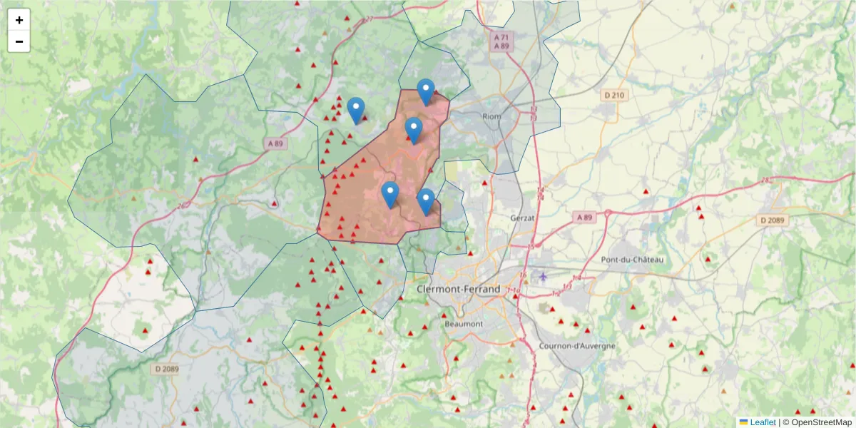 Carte de la zone du code postal  et des codes postaux voisins en France