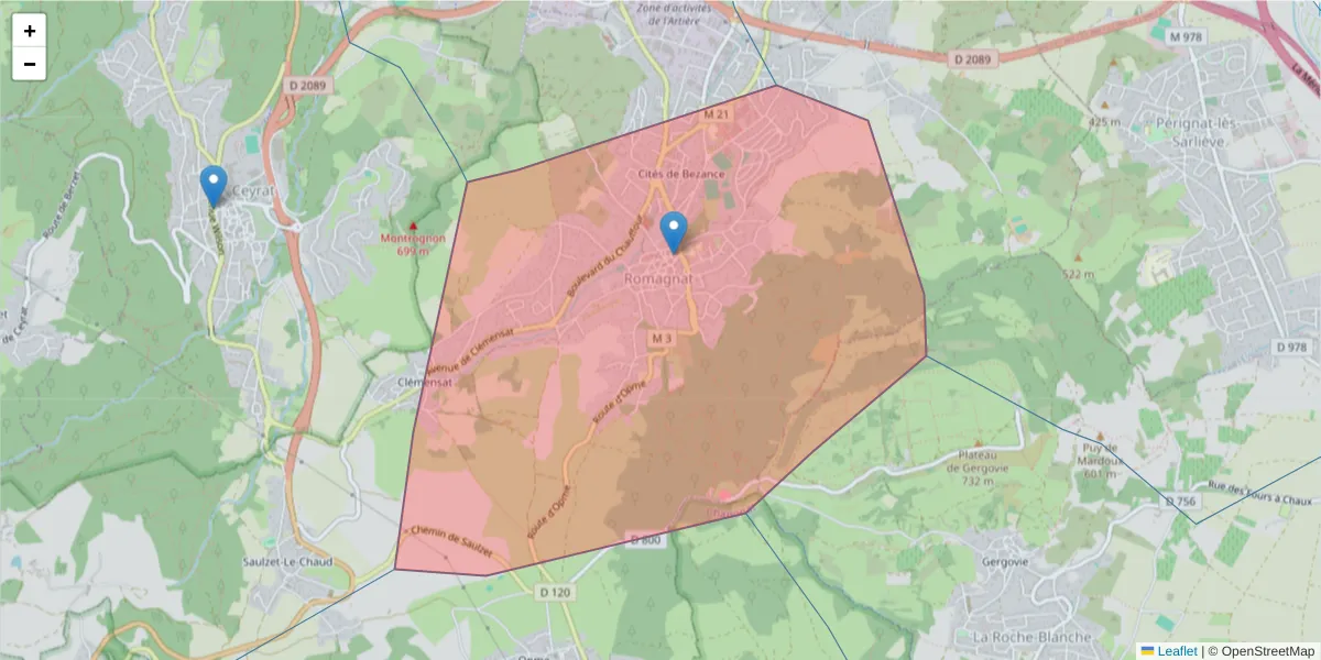 Carte de la zone du code postal  et des codes postaux voisins en France