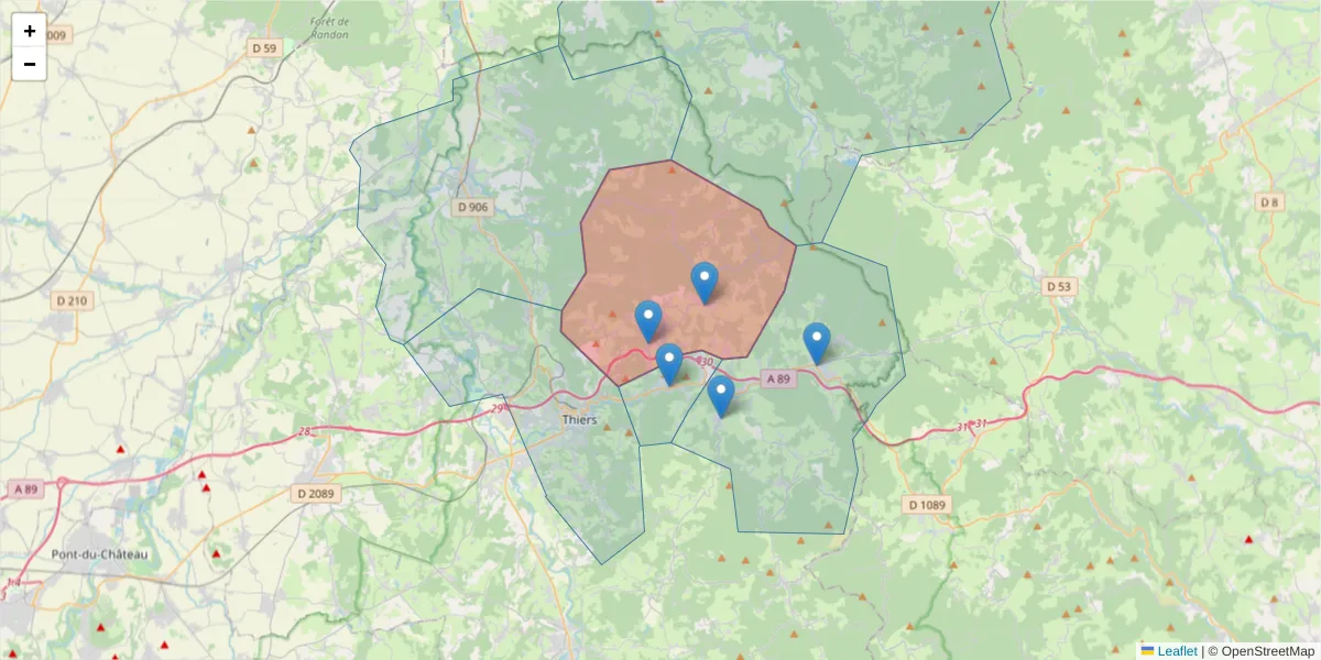 Carte de la zone du code postal  et des codes postaux voisins en France